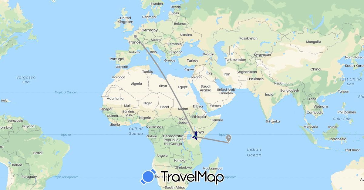 TravelMap itinerary: driving, bus, plane in France, Kenya, Seychelles (Africa, Europe)